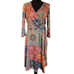 Sunny Leigh Hobo Patchwork Floral Wrap Silhouette Dress Lightweight and Smooth M